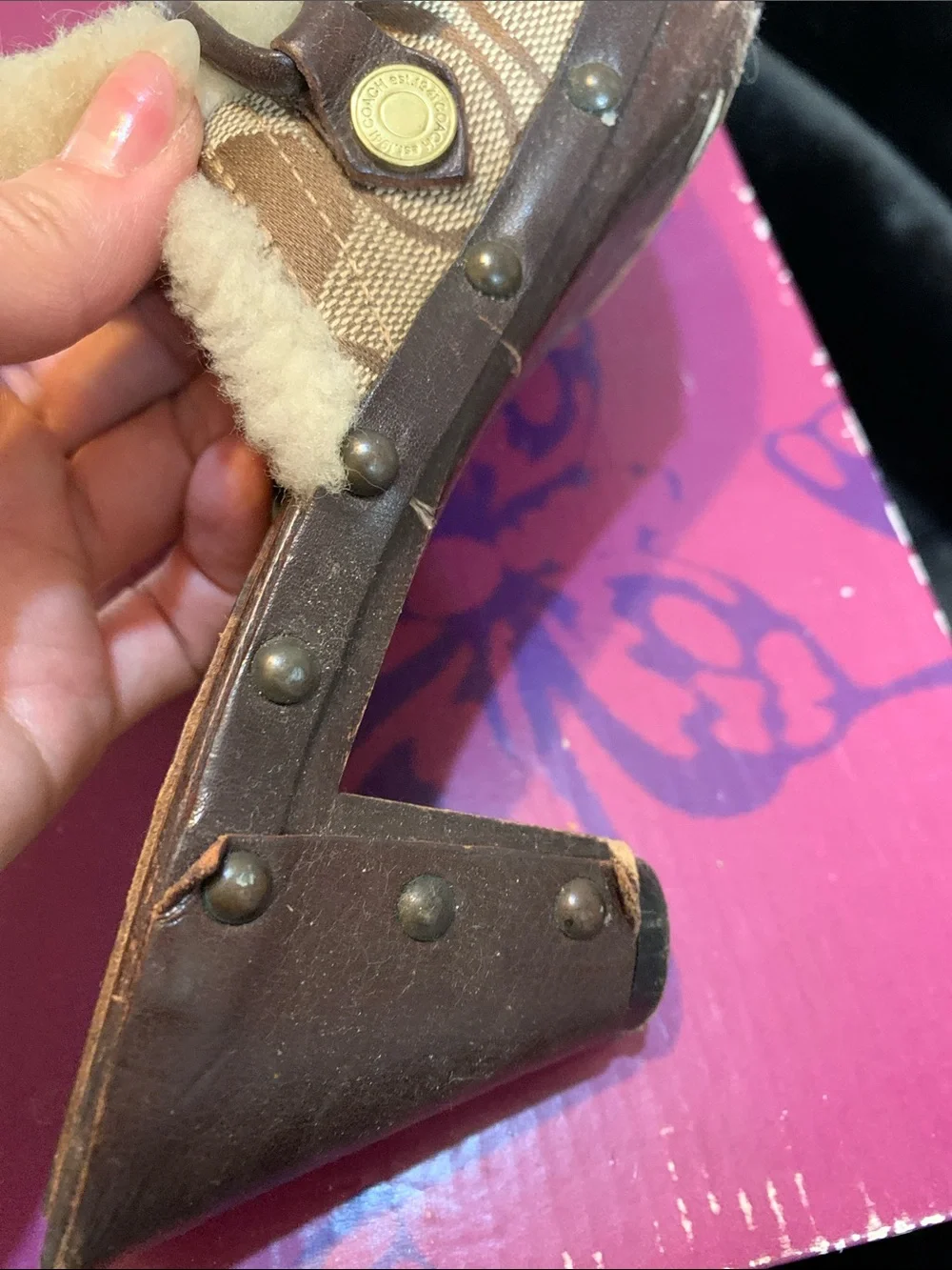 Coach Brown and Cream Signature Shearling Mule Slides